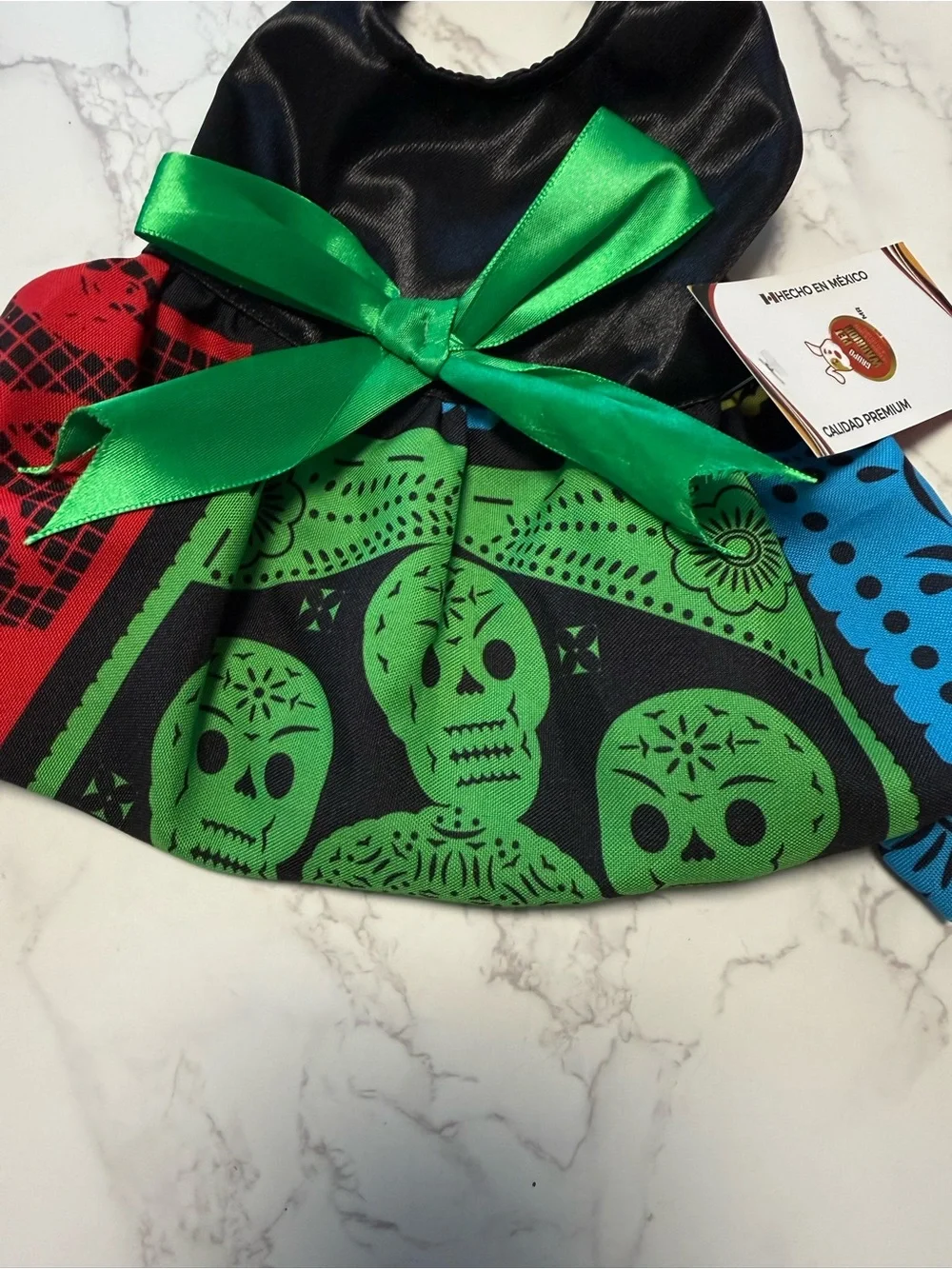 Pet Warrior Dog/Cat Day of the Dead Skull Costume Dress with Green Bow.